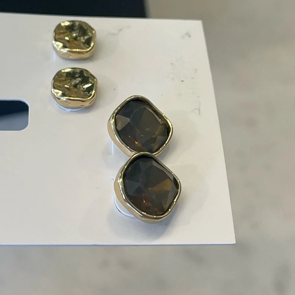 NEW Style & Co Two Piece Set Colored Stone Square Stud Earrings Brown & Gold